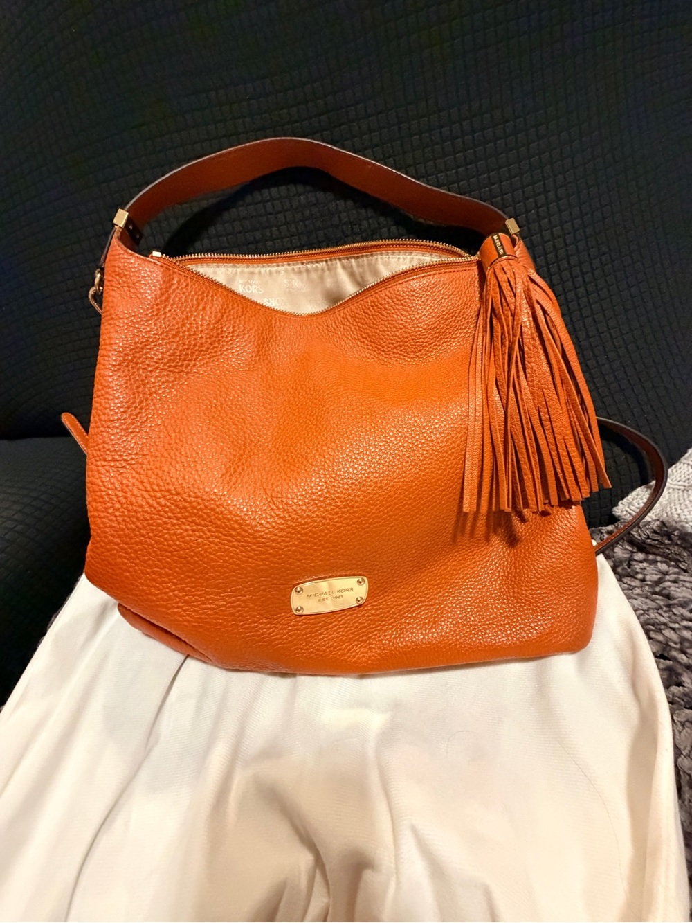Michael Kors Orange Pebbled Leather Tassel Shoulder Bag